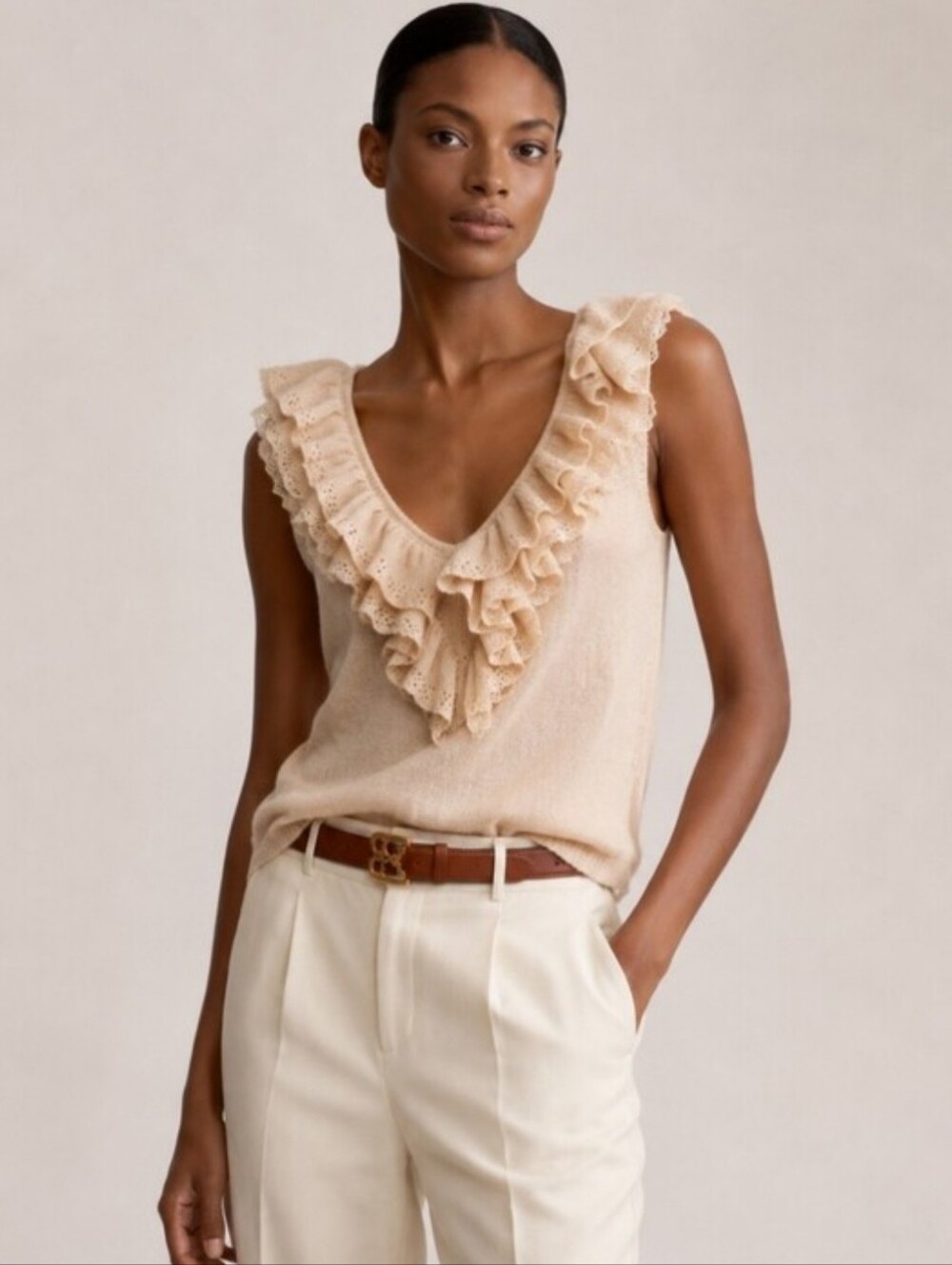 RALPH LAUREN BLACK LABEL CASHMERE RUFFLE LACE SLEEVELESS SWEATER